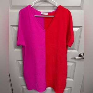 Pink and red color block dress